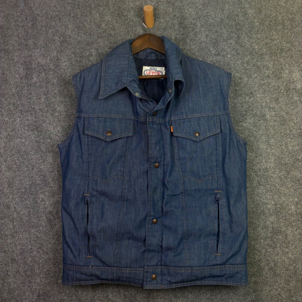 Levi's Ski Vest Mens XL Blue Denim Orange Tab Goose Down Puffer Vintage USA Made